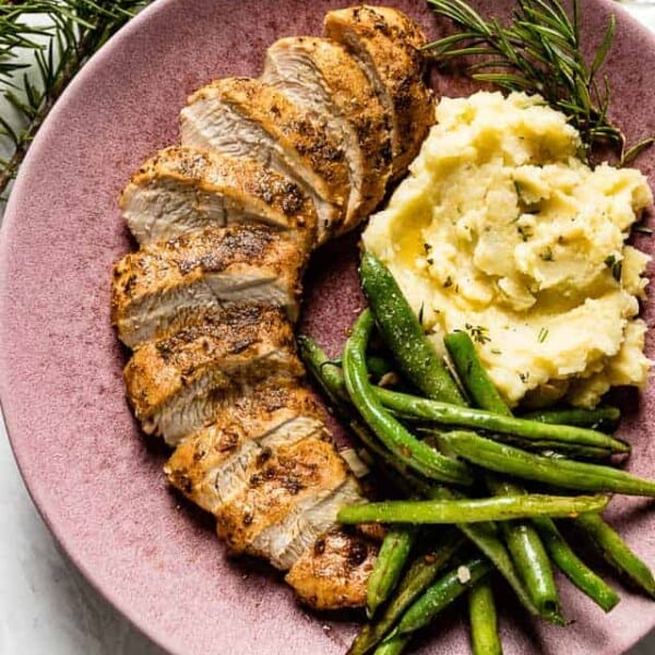 Roasted turkey tenderloin from the top view.
