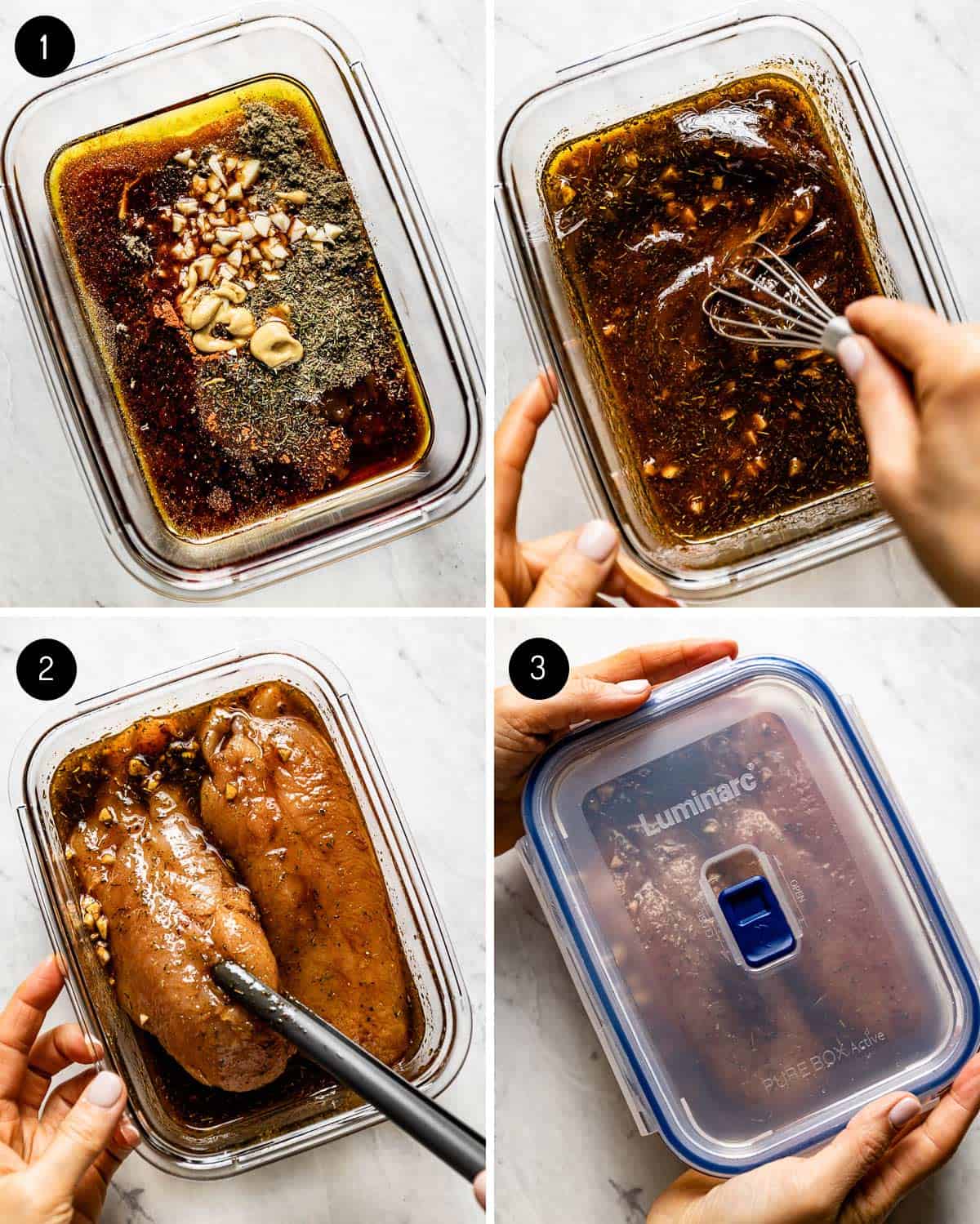 A person making turkey tenderloin marinade soy sauce from the top view. 