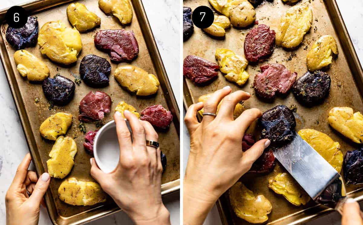 A person showing how to smash potatoes on a baking sheet from the top view.