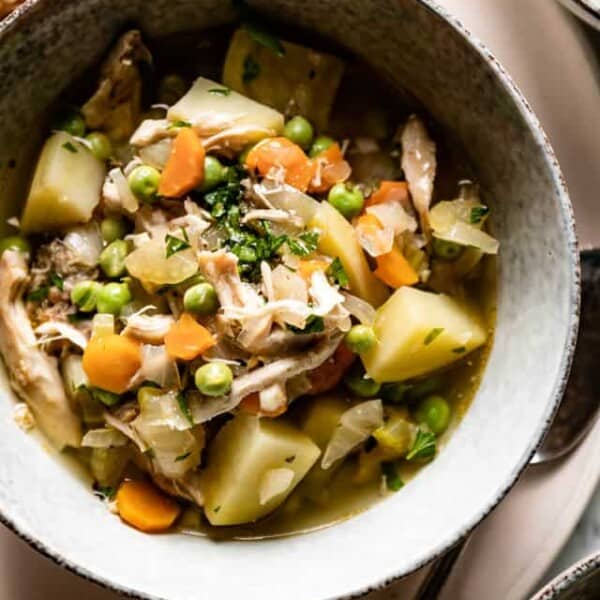 Chicken crockpot stew from the top view.