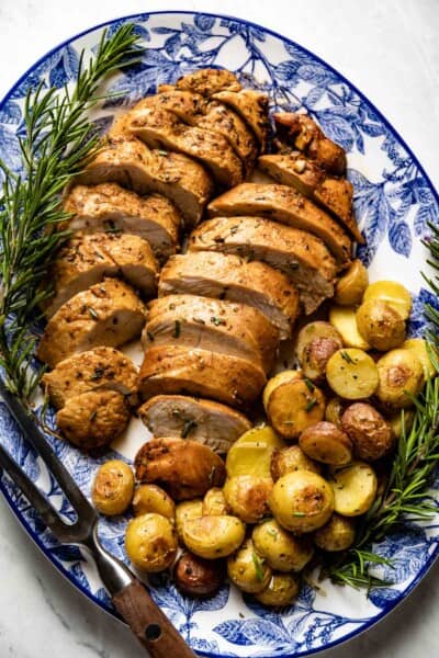 Turkey tenderloin with roasted potatoes on the side from the top view.