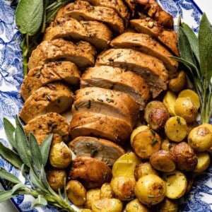 Turkey tenderloin on a plate from the top.