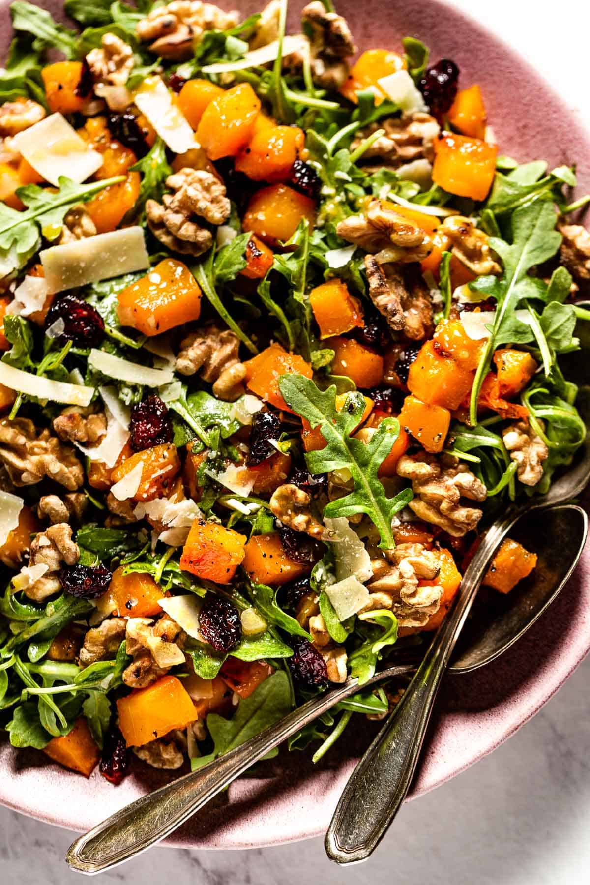 Butternut squash salad on a plate from the top view.