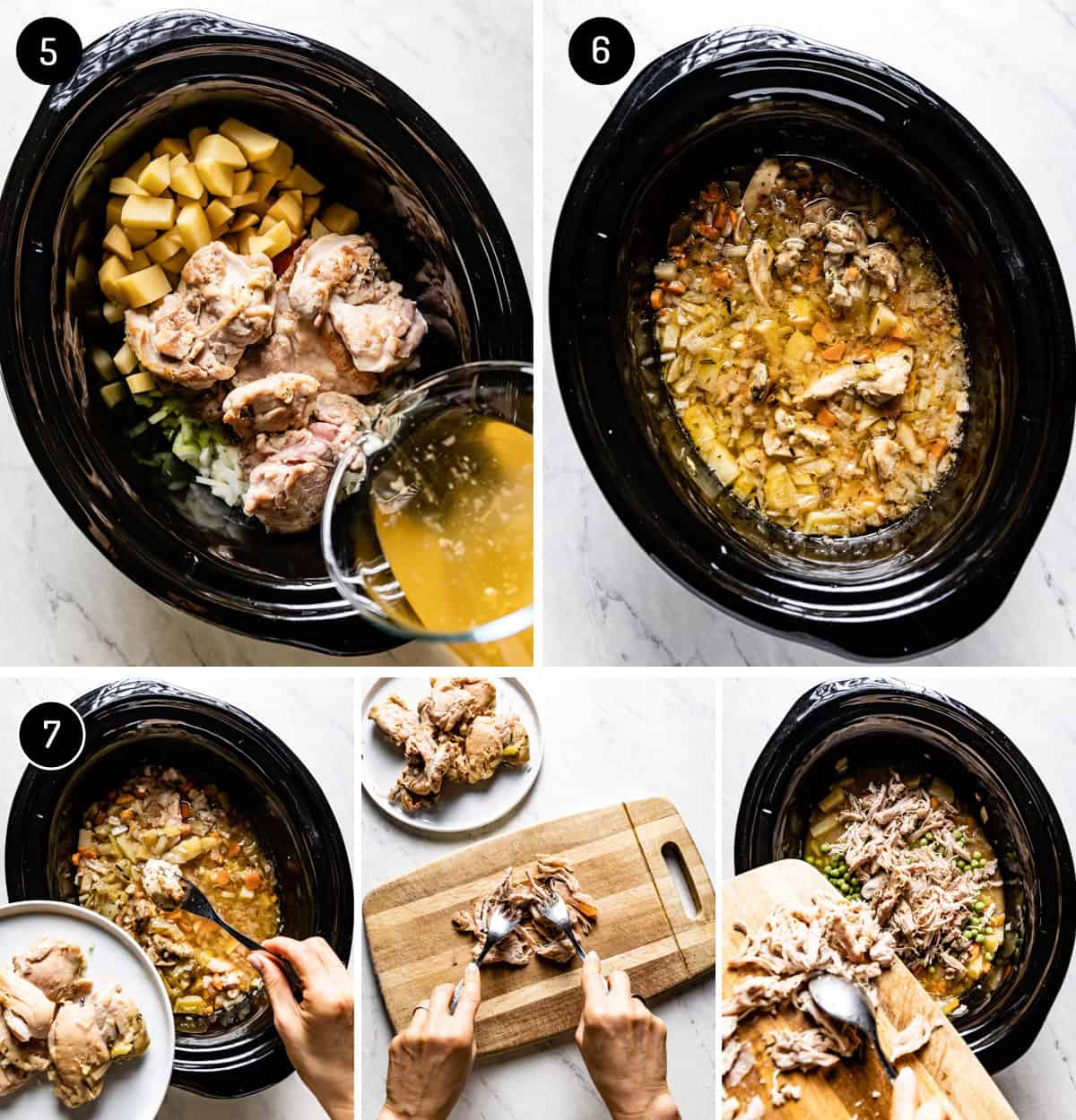 A collage of photos showing how to make crockpot chicken vegetable stew.