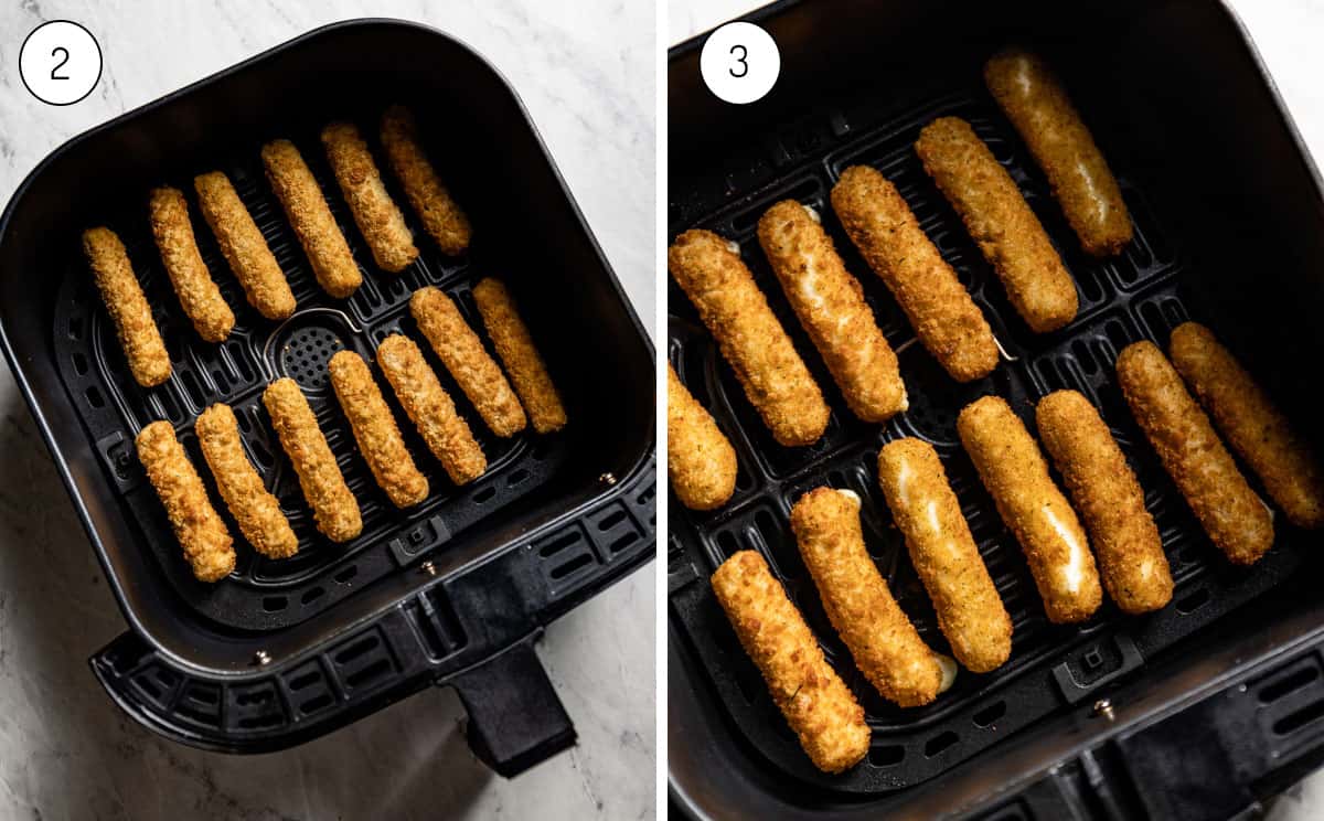Two images showing how to make frozen mozzarella sticks in air fryer. 