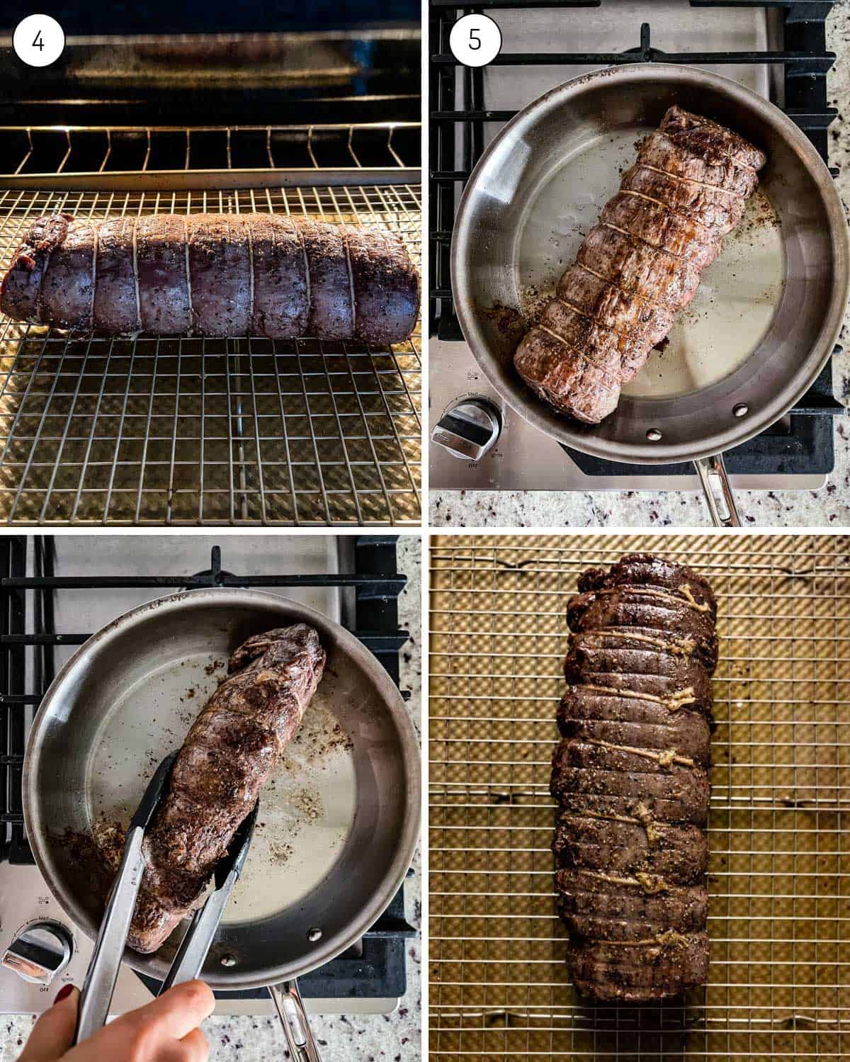 A person showing how to sear beef tenderloin from the top view.