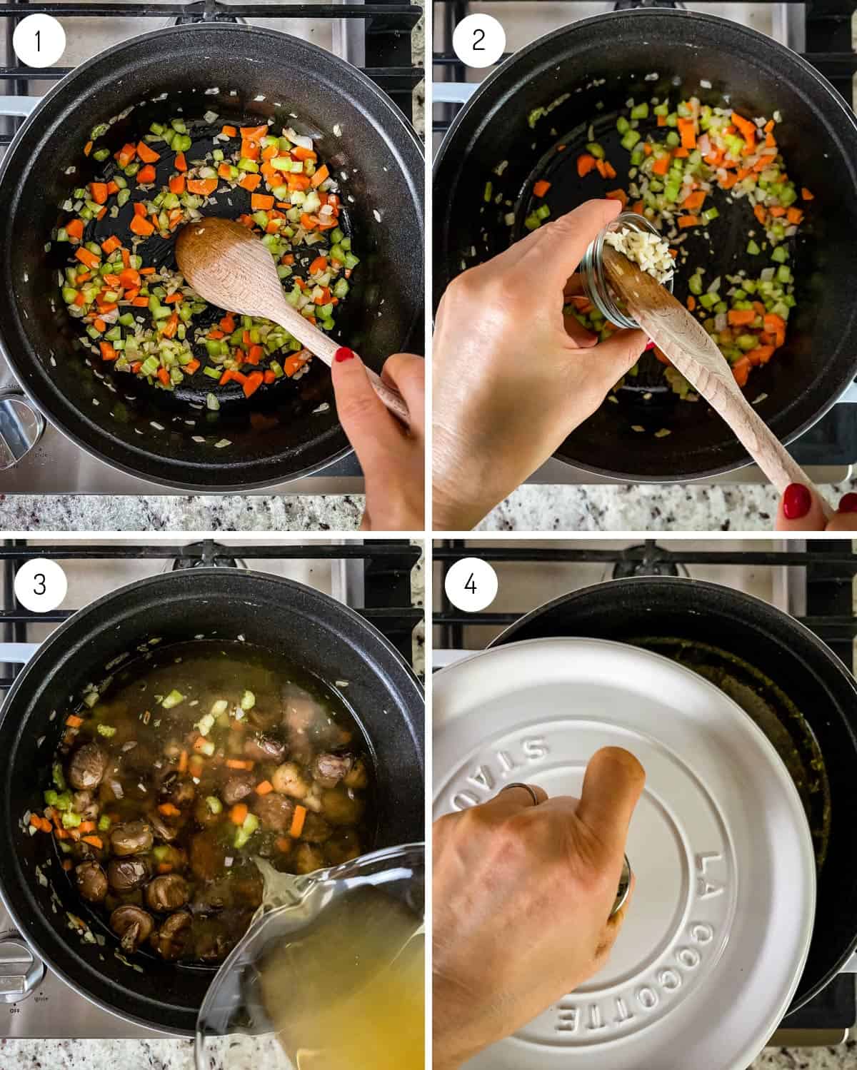 A person showing how to cook vegetables in a dutch oven from the top view.