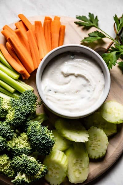 A healthy dipping sauce for veggies in a bowl from the top view.