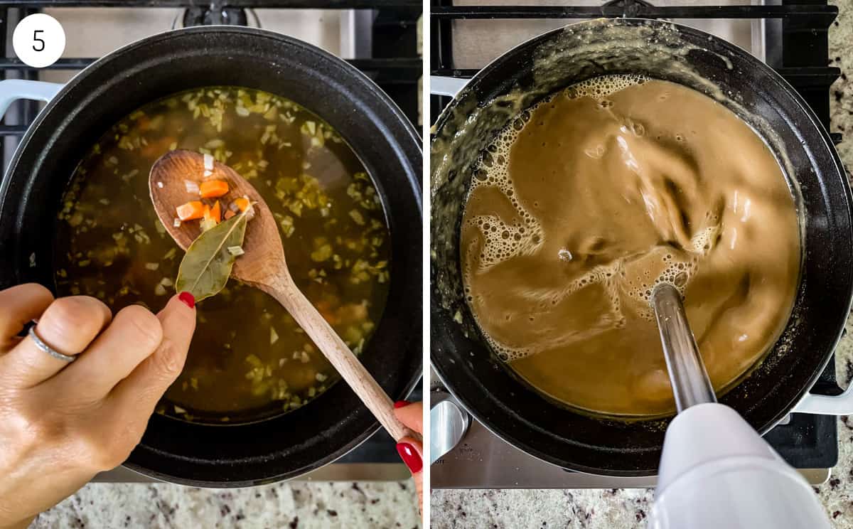 A person showing how to puree a soup made with chestnuts. 