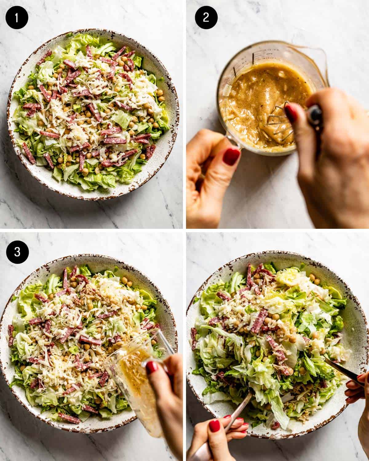 A person showing how to make a salad with homemade dressing from the top view.
