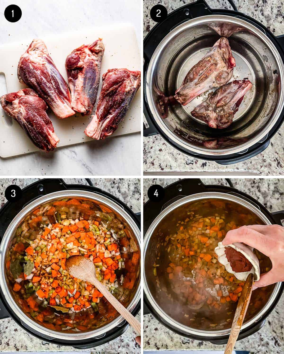 A person showing how to cook lamb in a pressure cooker from the top view.