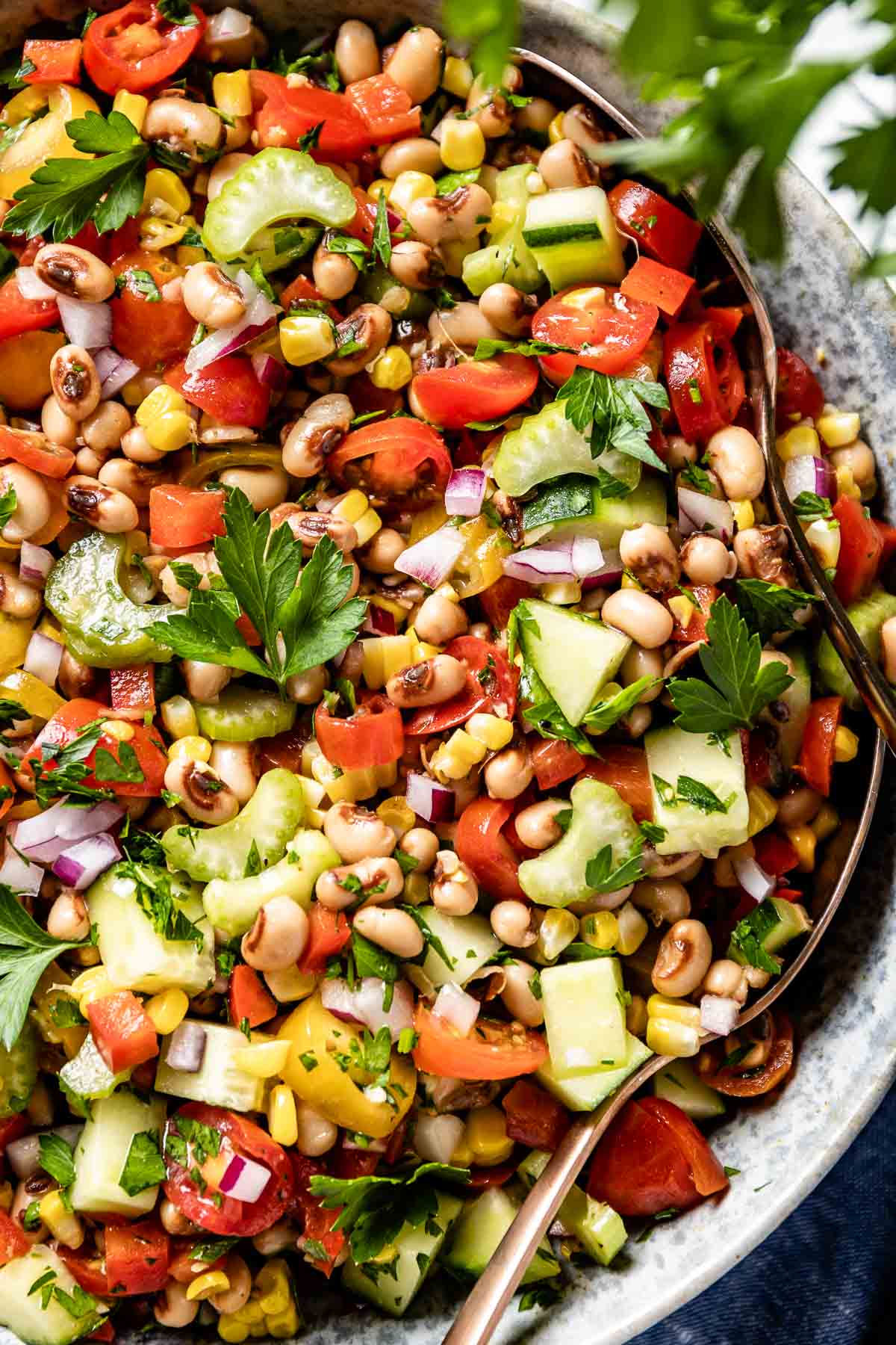 Lucky black eyed pea salad as a part of NYE party menu idea.