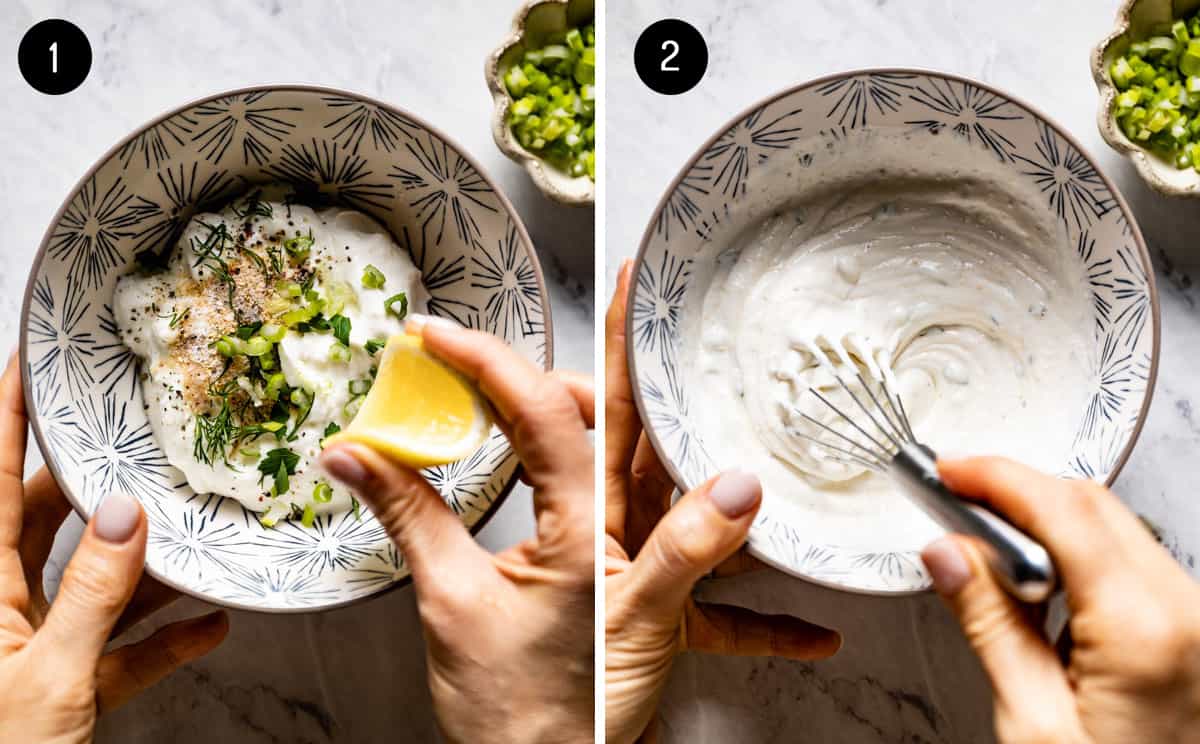 A person making ranch yogurt dip in a bowl from the top view.