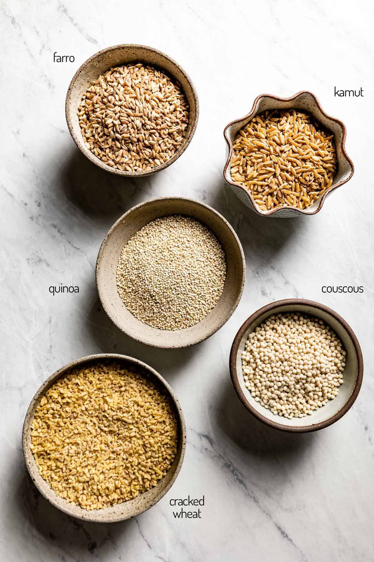 Bulgar substitutes in small bowls from the top view.