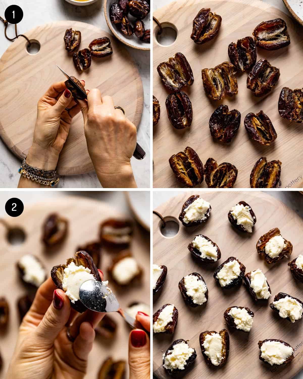 Person showing how to stuff dates with mascarpone cheese in a collage of images.