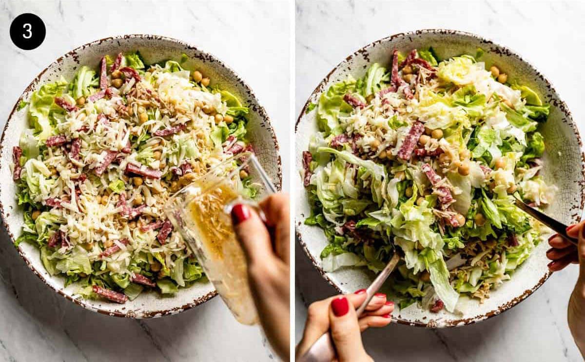 Person pouring the dressing over the chopped salami salad and tossing it in the bowl from the top view.