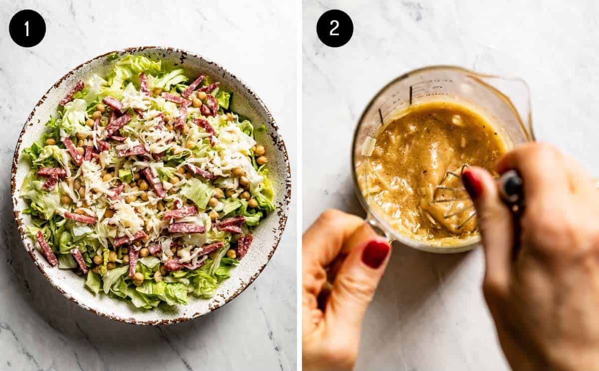 A collage of images showing chopped ingredients in a large bowl and the La Scala salad dressing being whisked.