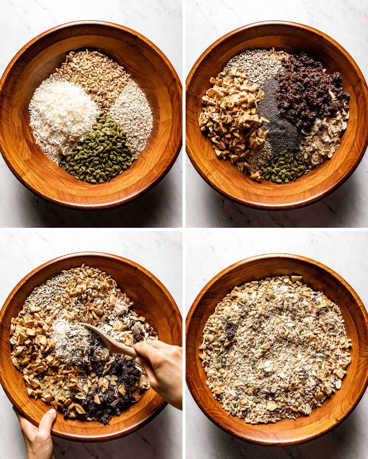 A series of images showing how to combine ingredients to make muesli. 