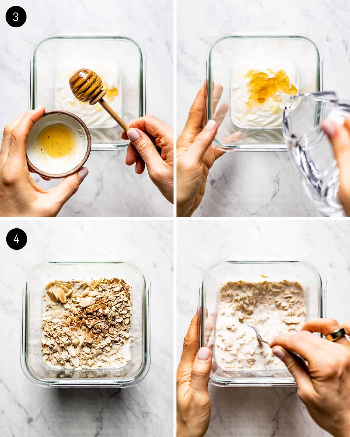 A person showing how to make overnight oats with yogurt from the top view.