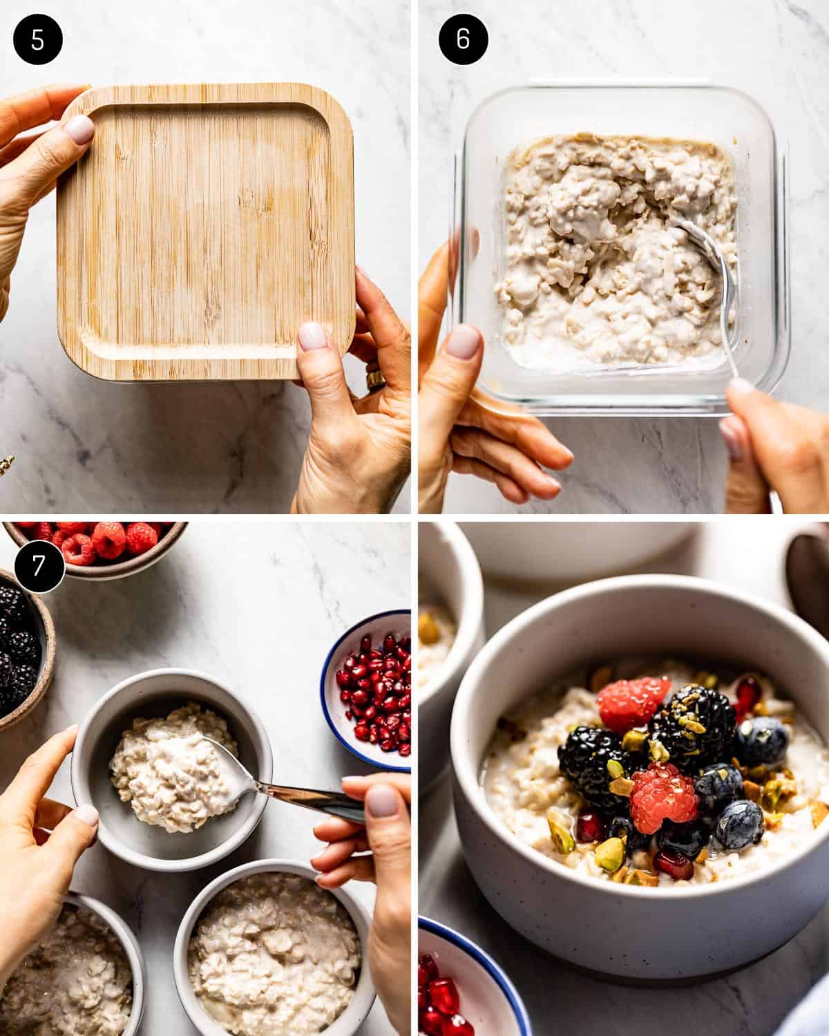 A person showing how to make a recipe with oatmeal and yogurt. 