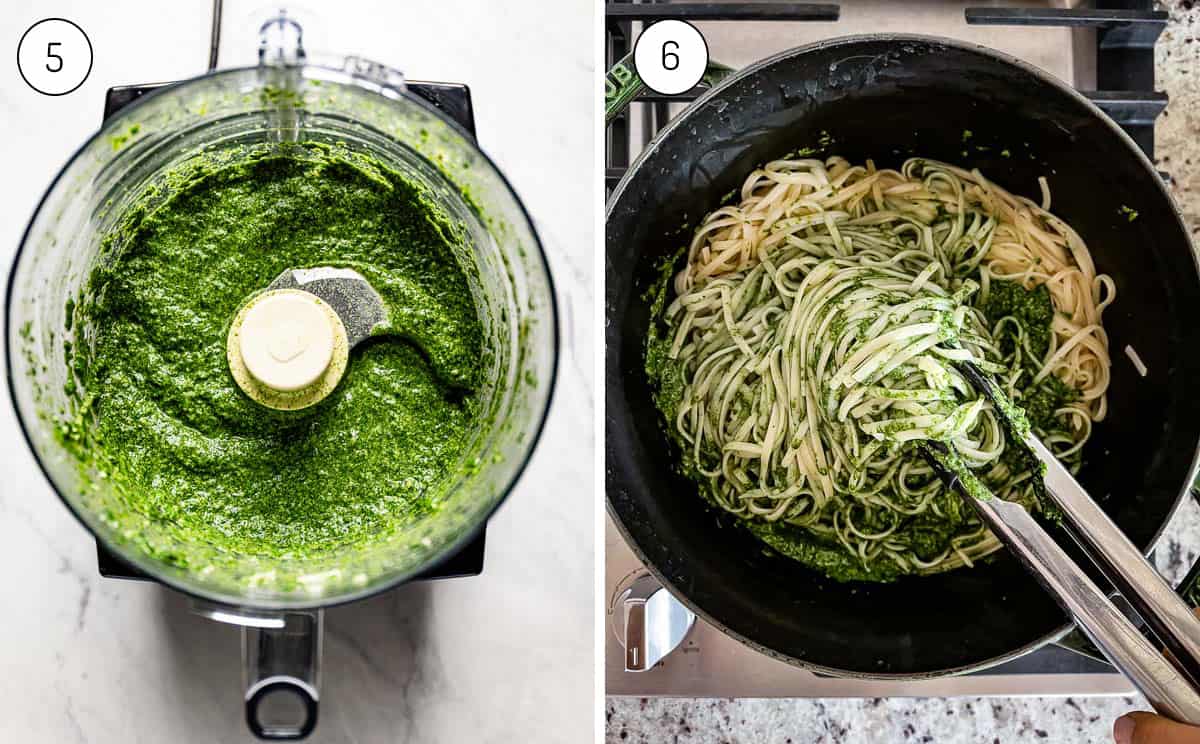 Two images showing how to combine a spinach-based sauce with pasta. 