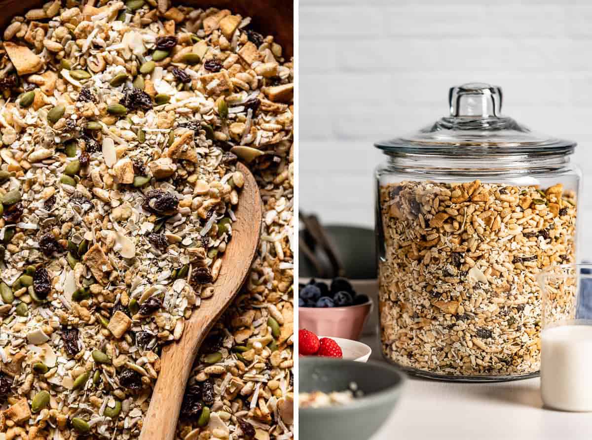 Two photos showing a close-up of a homemade cereal and the cereal in a jar. 