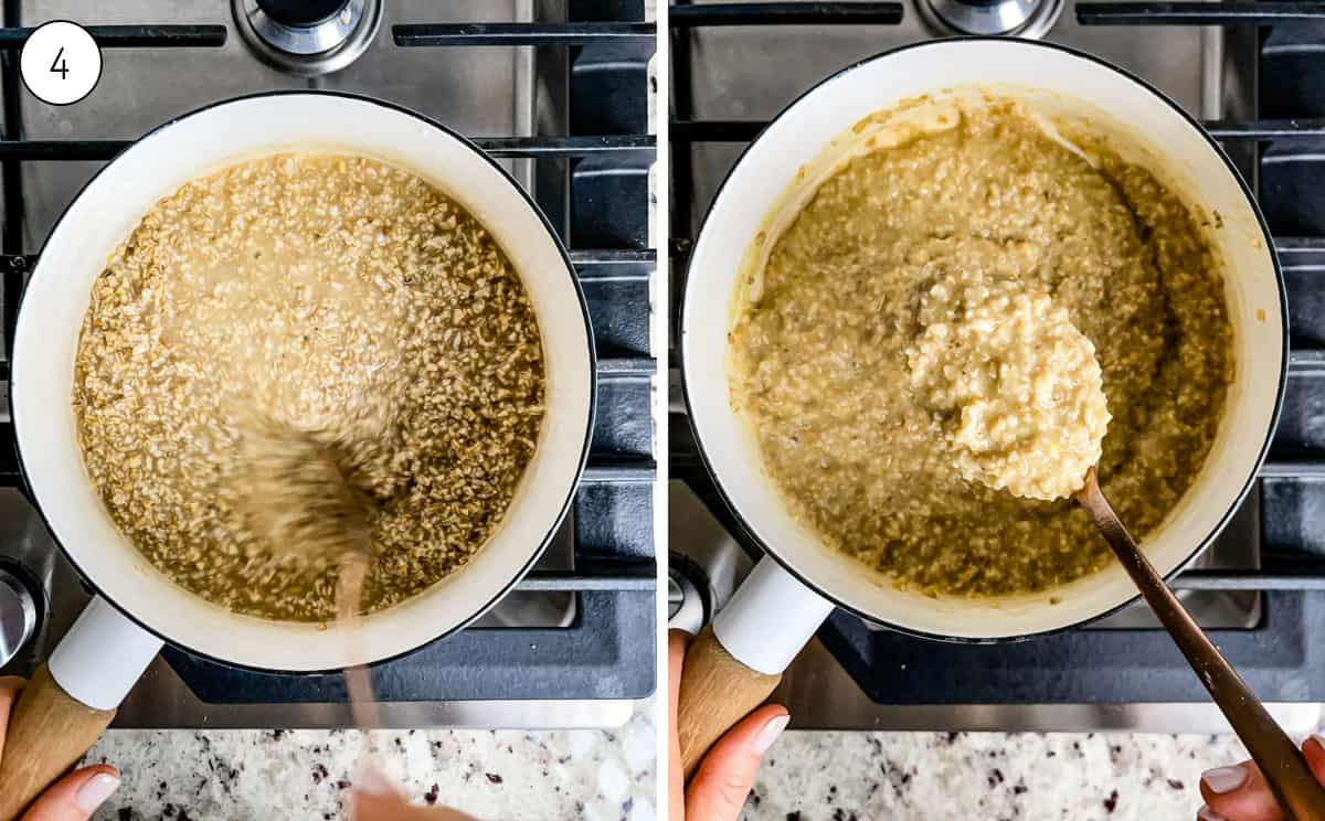 A person stirring oats in a pot from the top view.