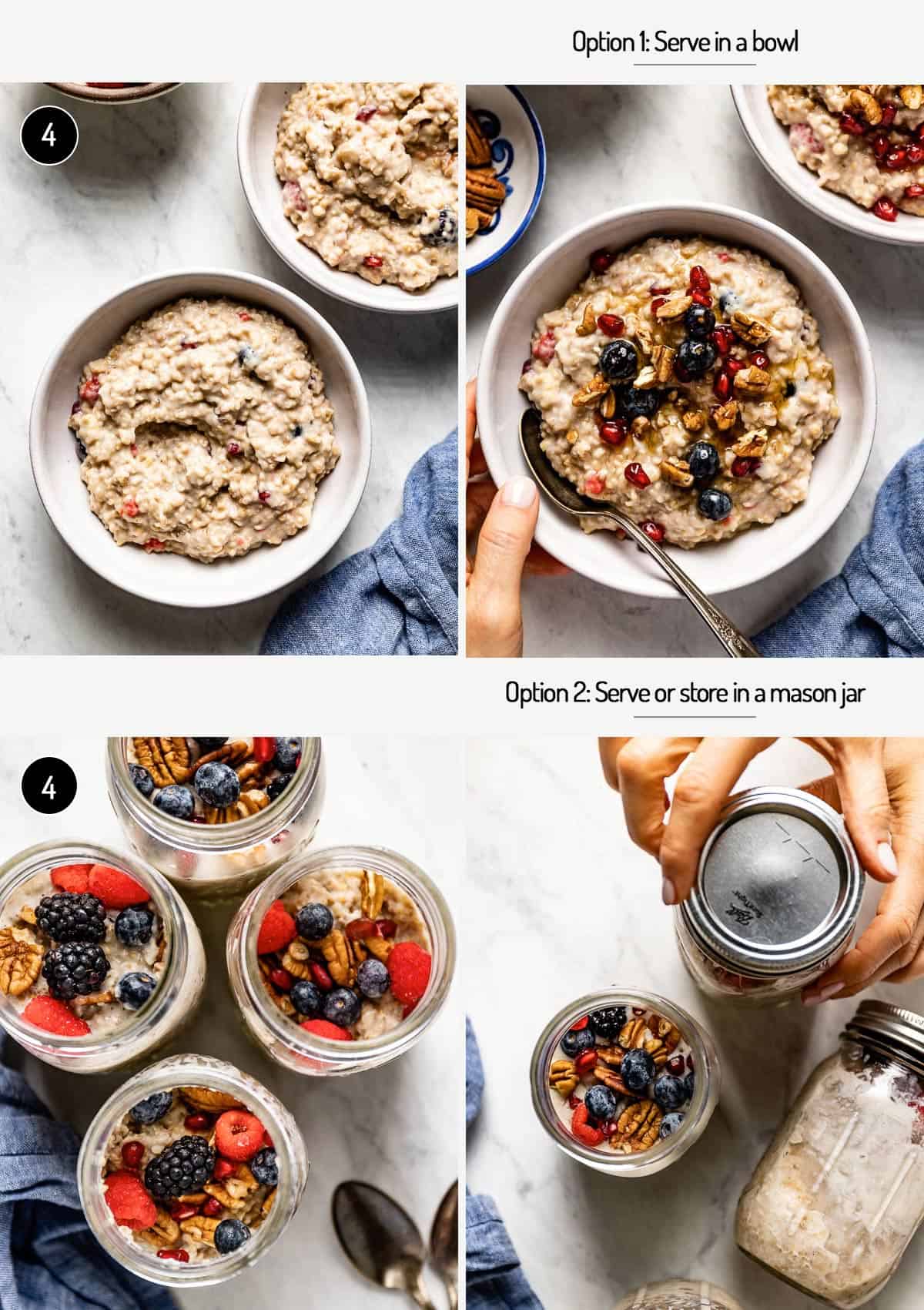A collage of photos showing how to assemble and store crock-pot oatmeal.