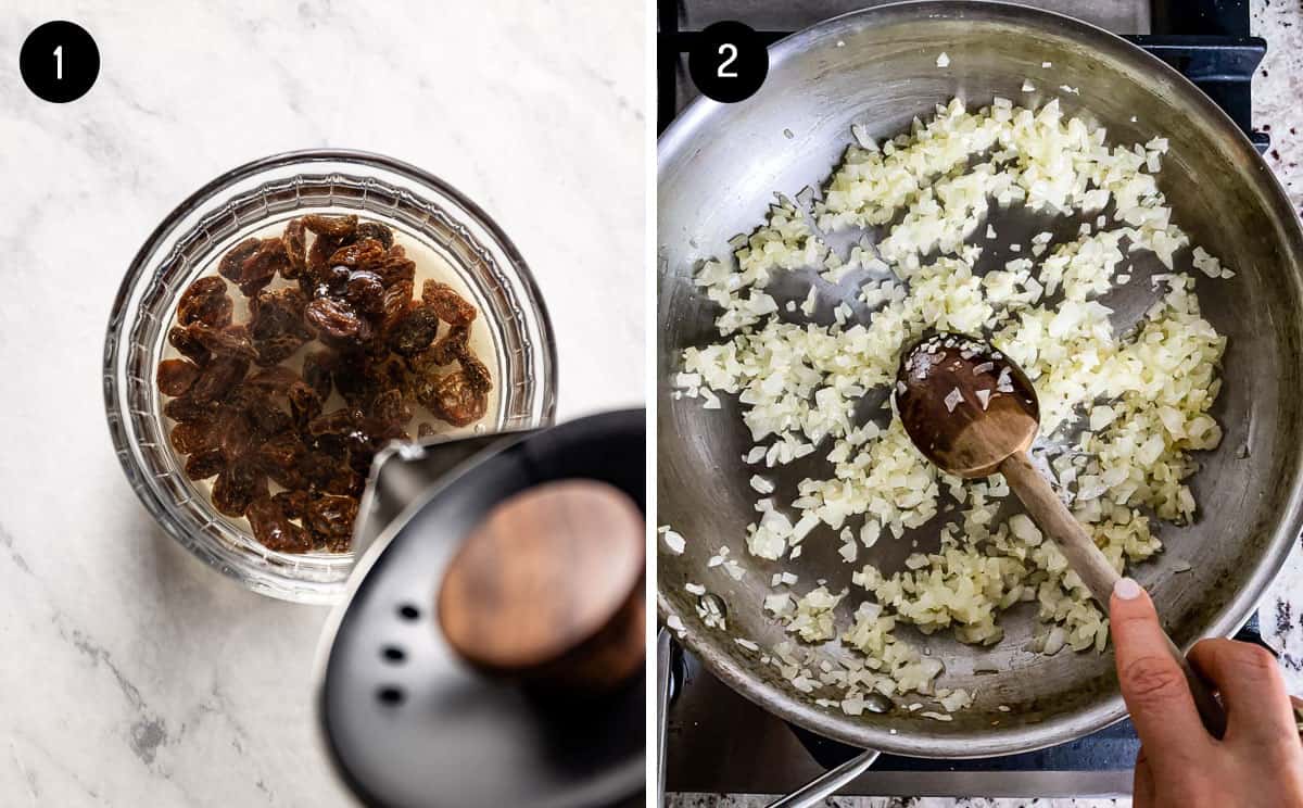 Person soaking raisins and sauteing onion in two images.