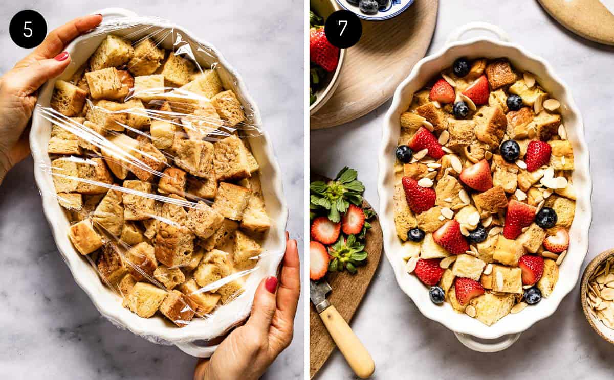 Images showing a casserole made with French toast and topped with berries.