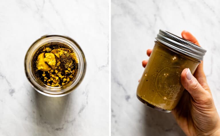 A mason jar with the beet salad dressing.