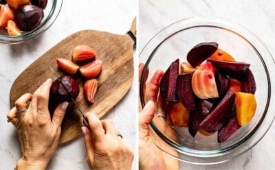 Person preparing beets for the salad.