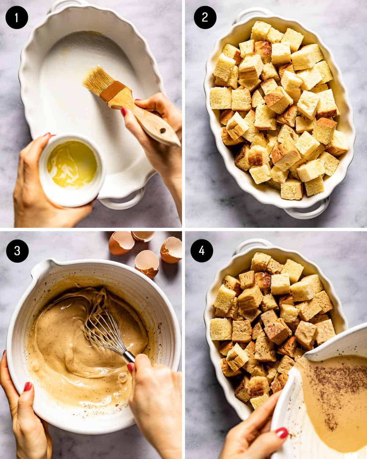Four images showing how to prepare a casserole with cubed brioche bread. 