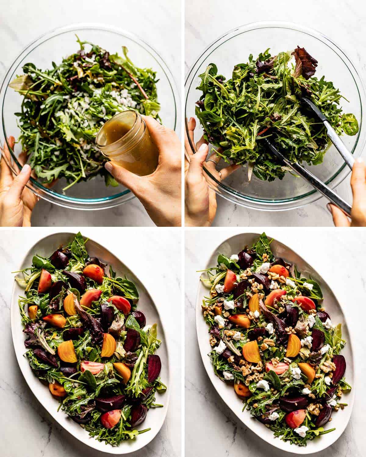 A person tossing greens in dressing and adding beets and cheese to the salad. 
