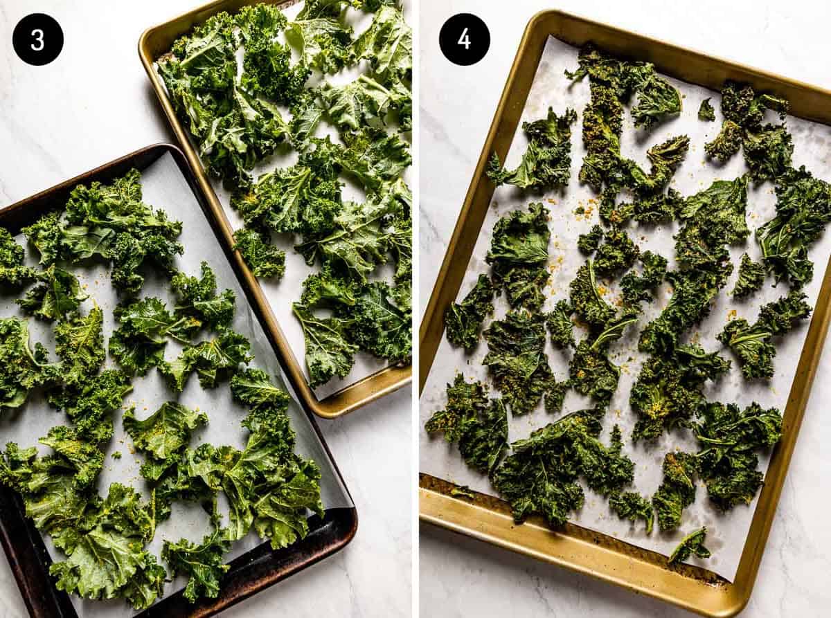 Homemade kale chips on a sheet pan before and after they are baked. 