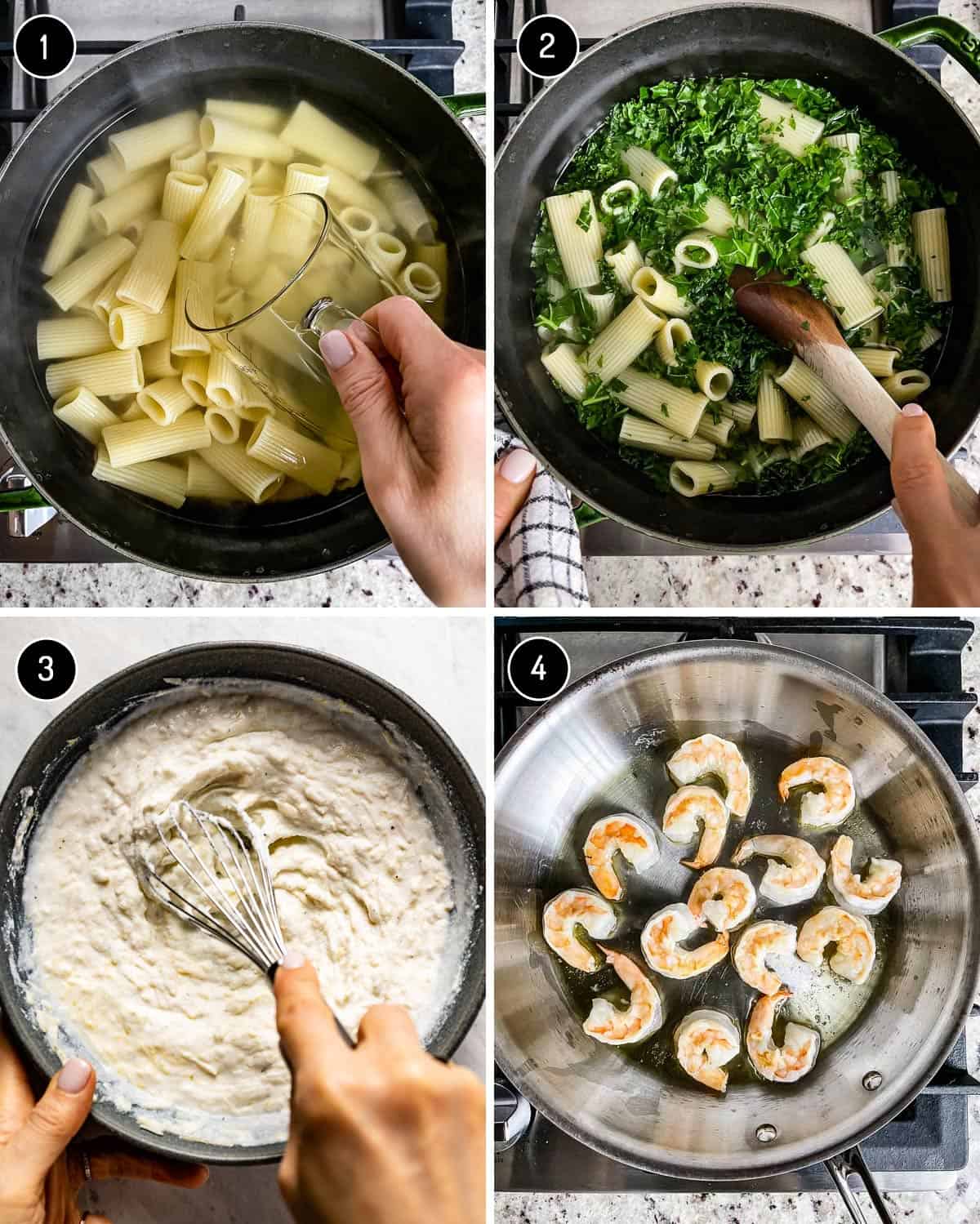 A collage of images showing how to make shrimp ricotta pasta.
