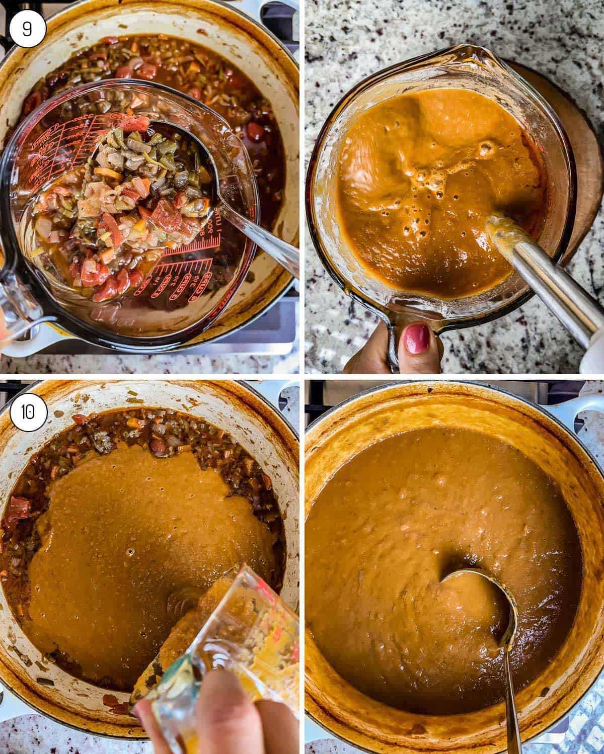 Four images showing how to puree a roast made with beef and vegetables. 