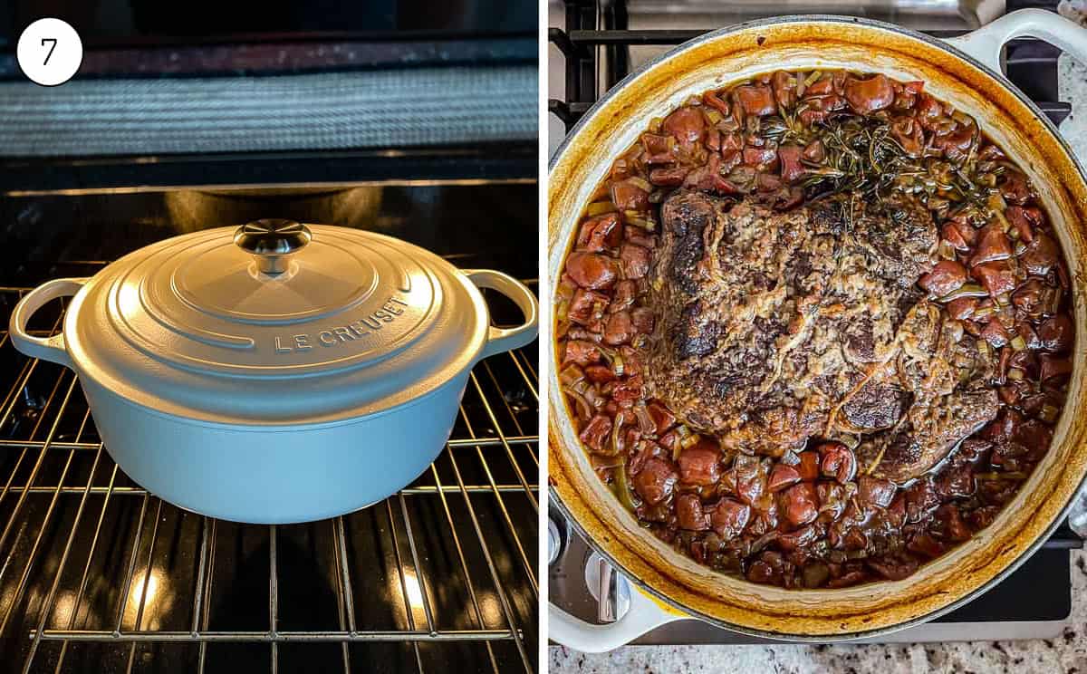 Two images showing a beef chuck roast baking in a dutch oven. 