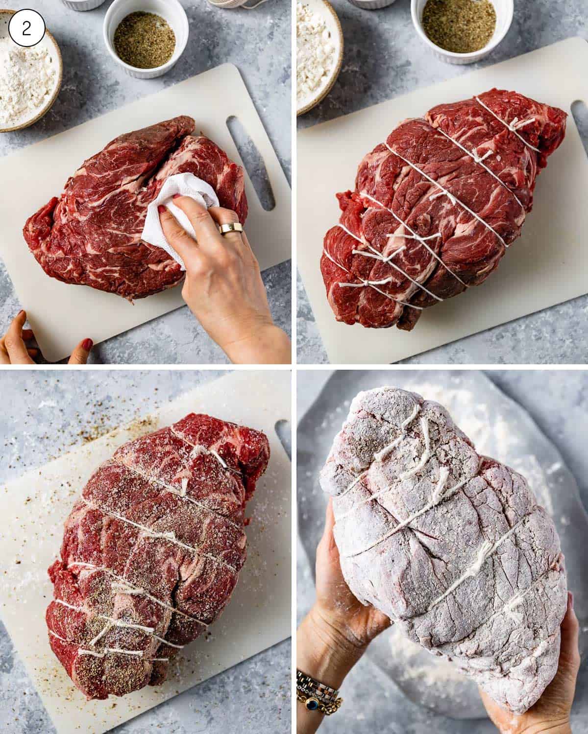 A person showing how to season and tie a beef chuck roast.