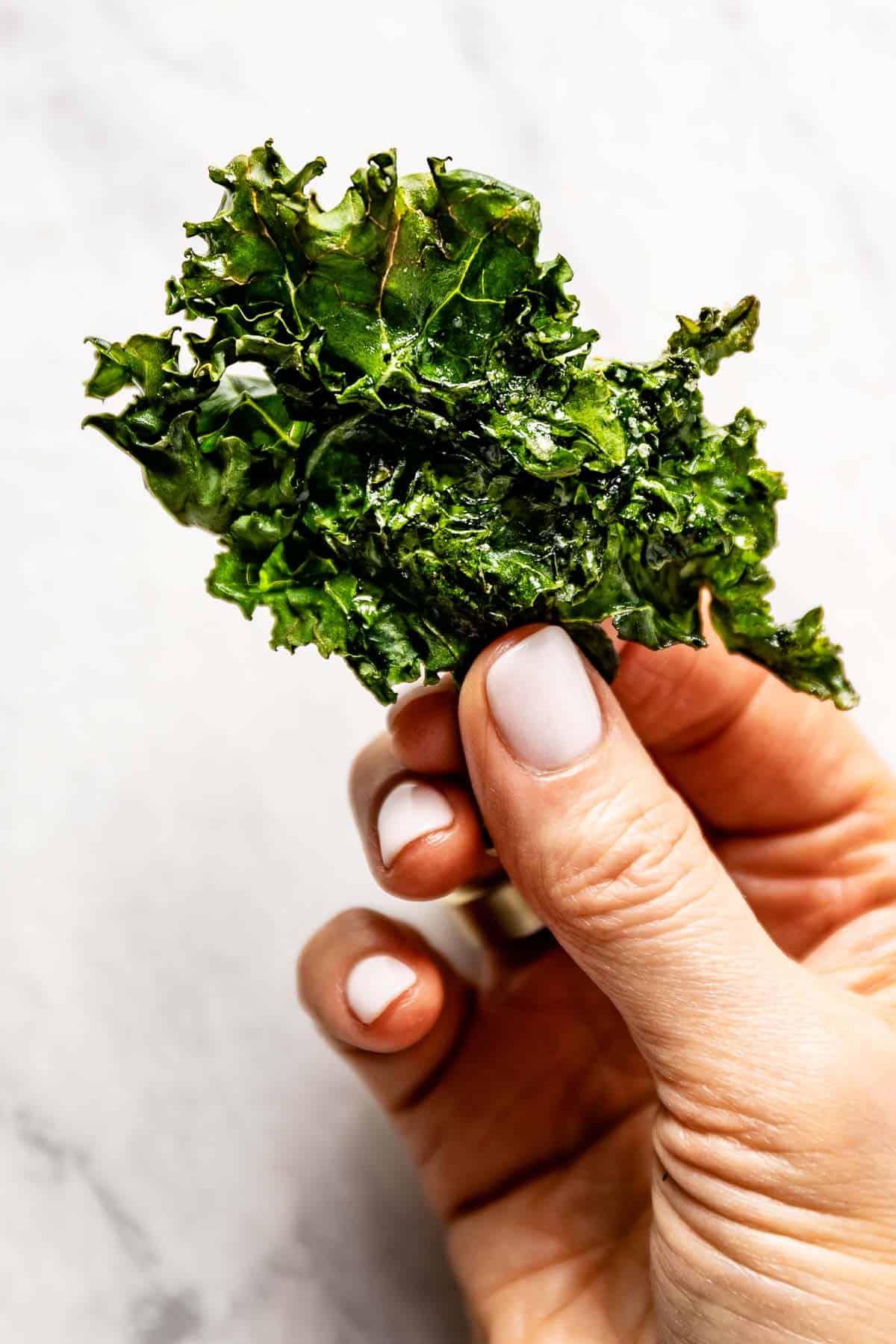 A person holding an air-fried kale chip from the top view.