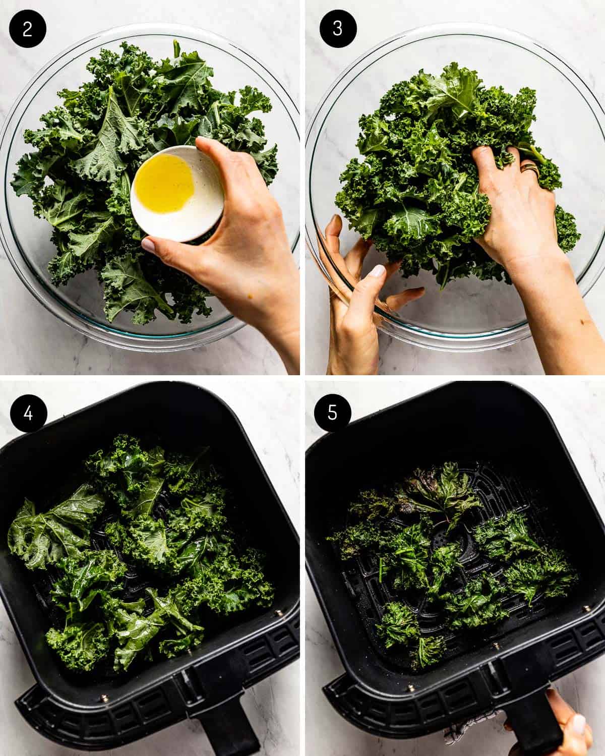 A person showing how to make kale chips in the air fryer from the top view.
