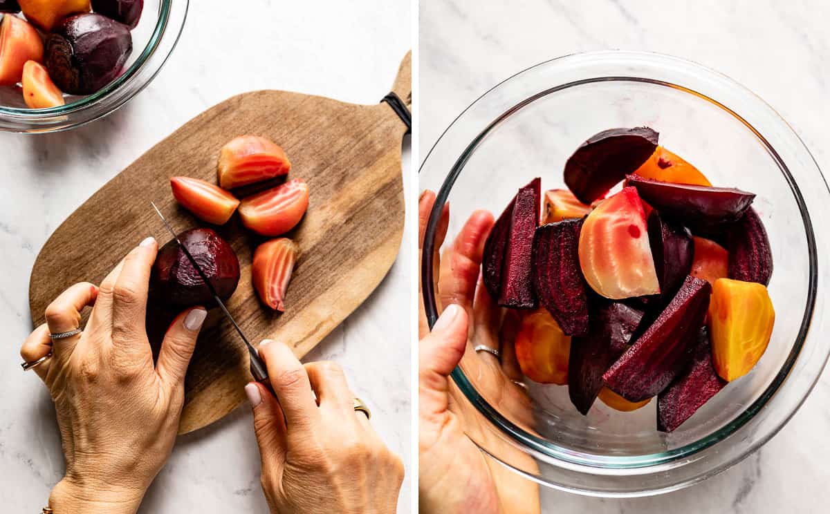 A person preparing beets for salad by slicing them and placing in a bowl. 