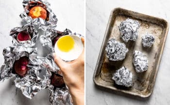 Person preparing beets for roasting.