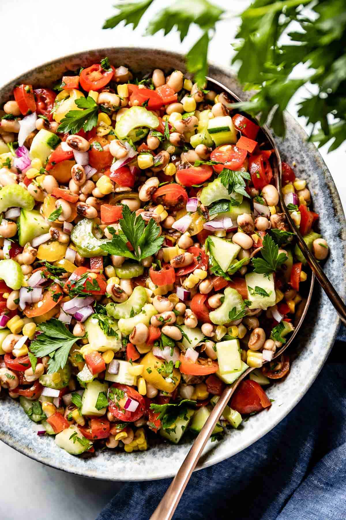 Black eyed pea salad in a bowl from the top view.