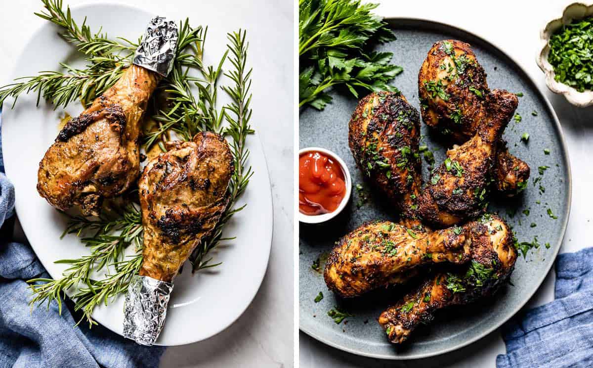 Chicken legs and turkey legs roasted on plates from the top view.