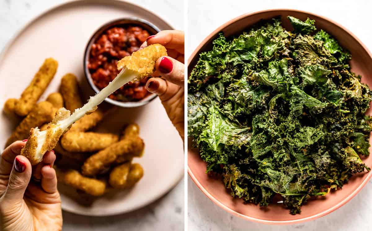 Air fryer mozzarella sticks and kale chips side by side to serve as game day food.