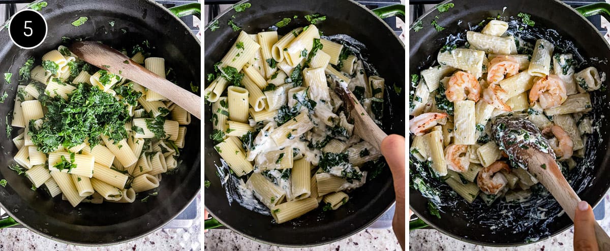 Lemon Ricotta sauce is being mixed with pasta and shrimp in a collage of images.