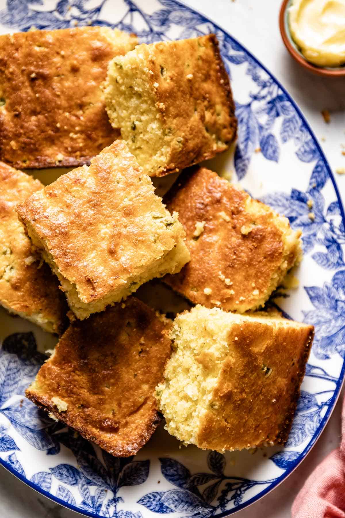 Sliced jalapeno cornbread on a plate from the top view.