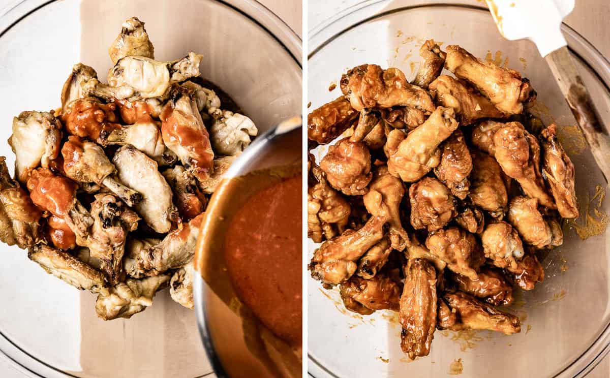 Images showing slow cook chicken wings in oven and then add hot sauce over them.