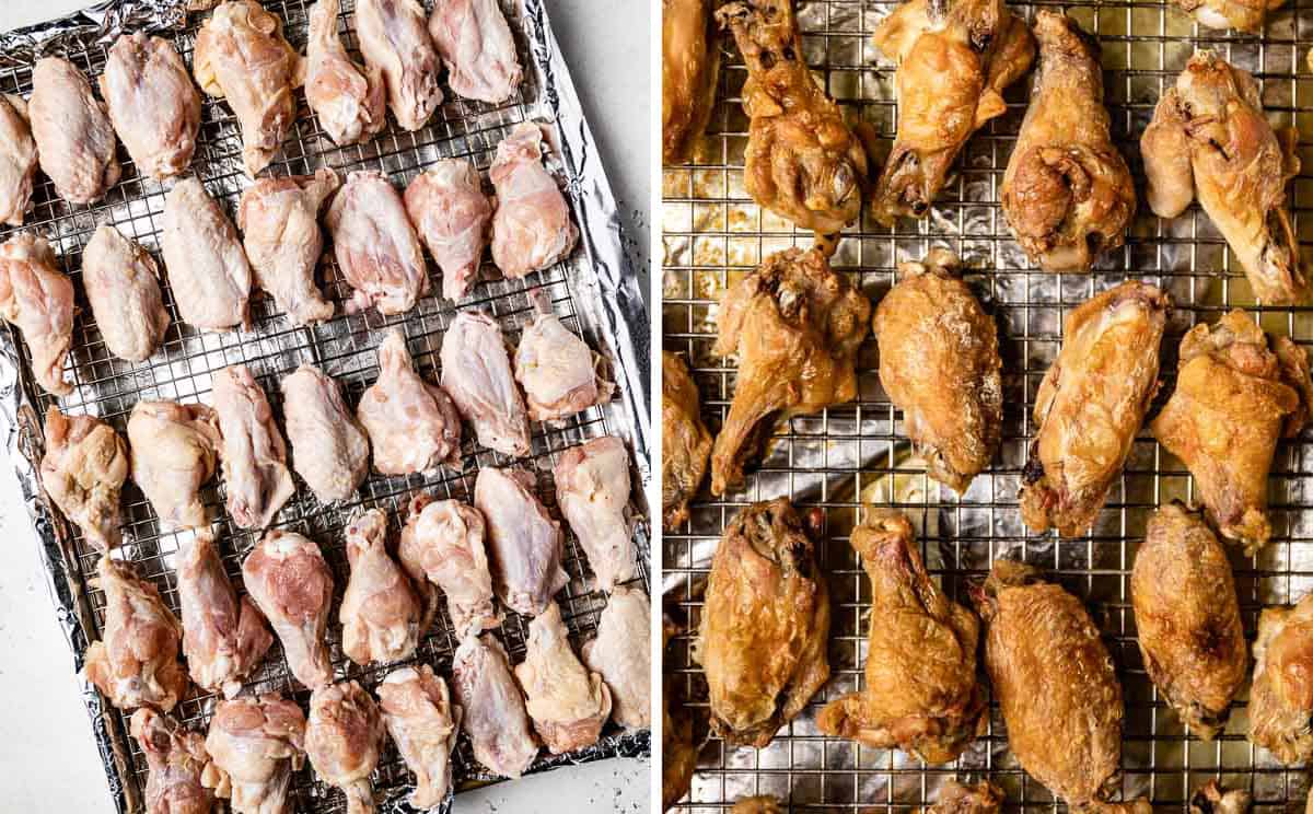 Chicken wings before and after they are baked.